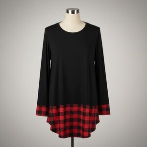 Color Bear Buffalo Plaid Hem Tunic Top Small Black Red Long Sleeve Soft Stretch
